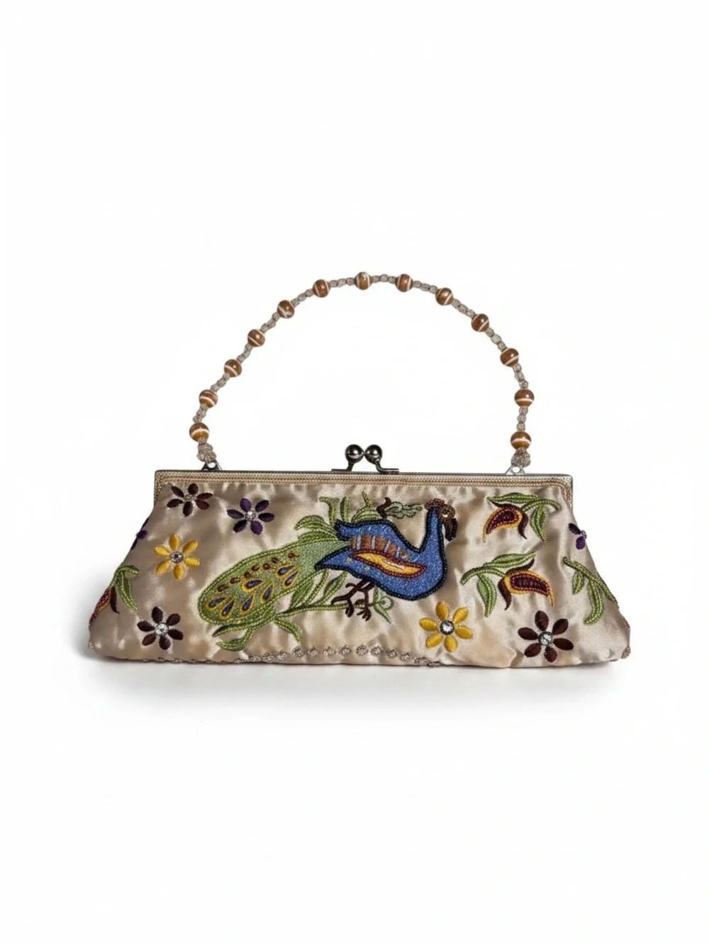 Embroidered Peacock Beaded Handle Evening Bag - Cream